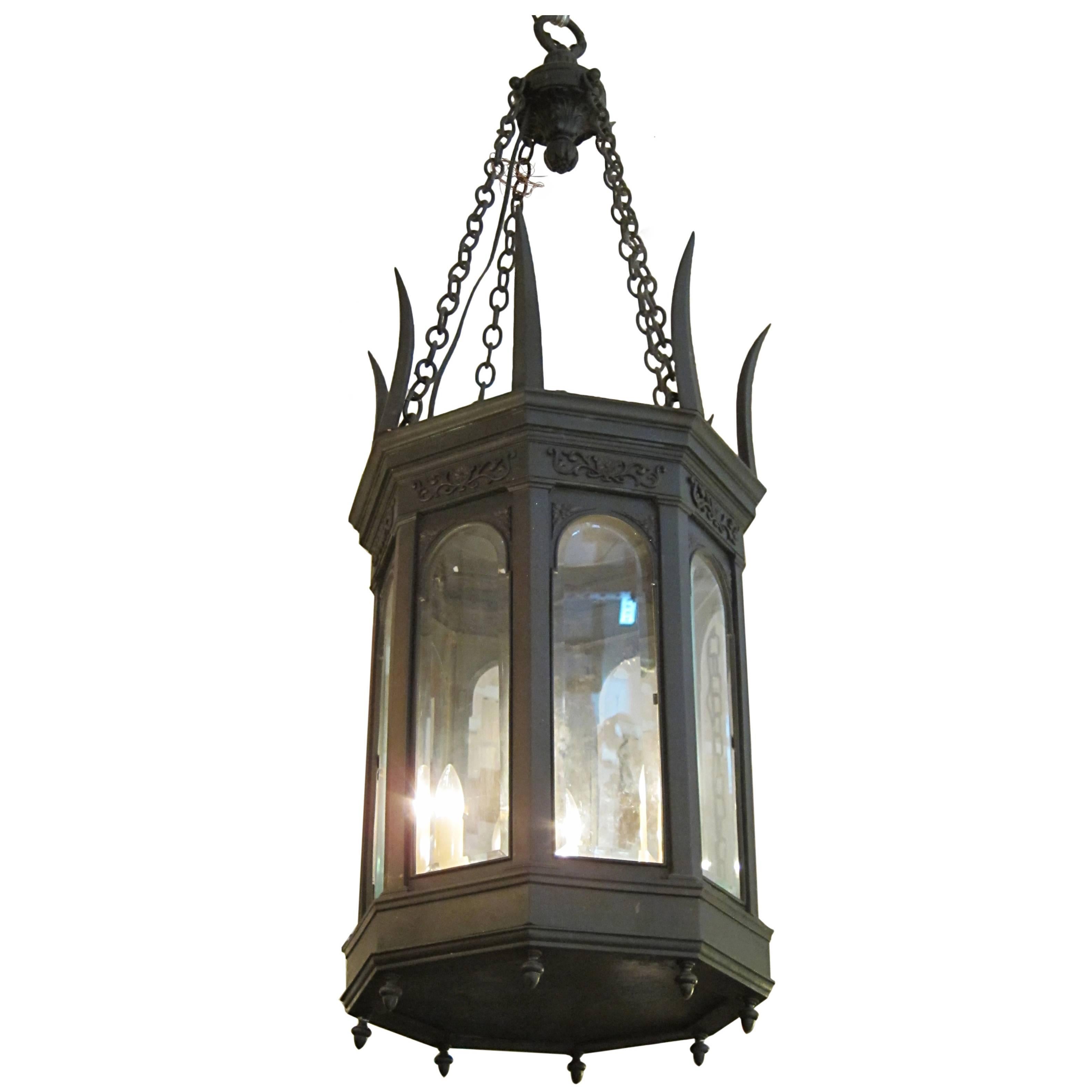 1900s American Gothic Octagon Bronze Lantern with Beveled Glass Pendant