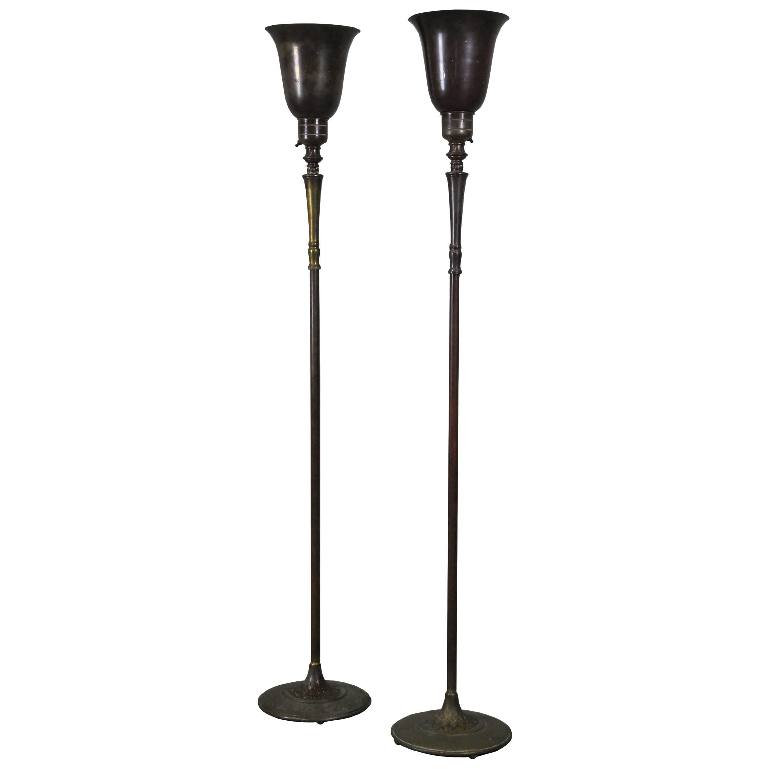 1930 Pair of Brass Torchiere Floor Lamps, MSLC