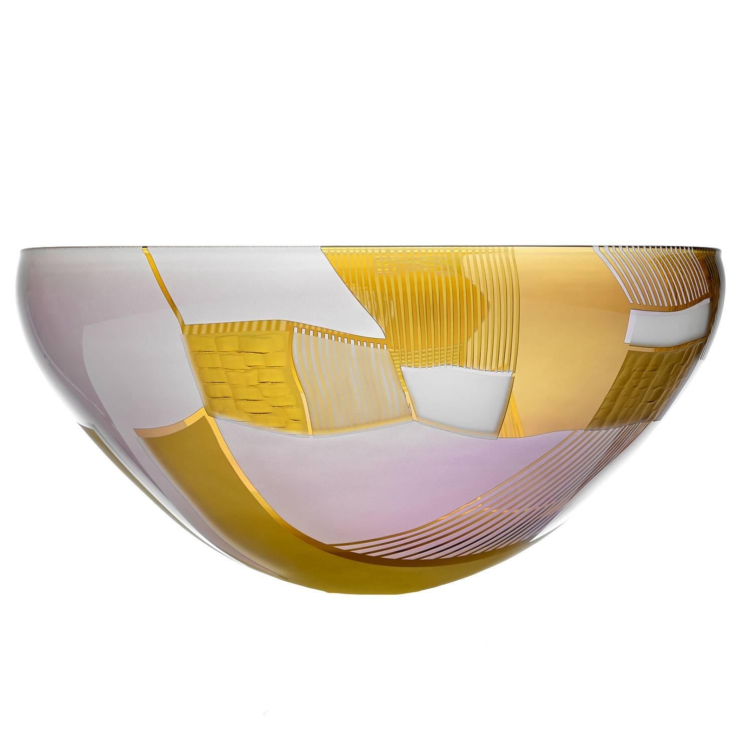 Contemporary Handblown Cameo Glass Bowl Engraved with Landscape Pattern For Sale