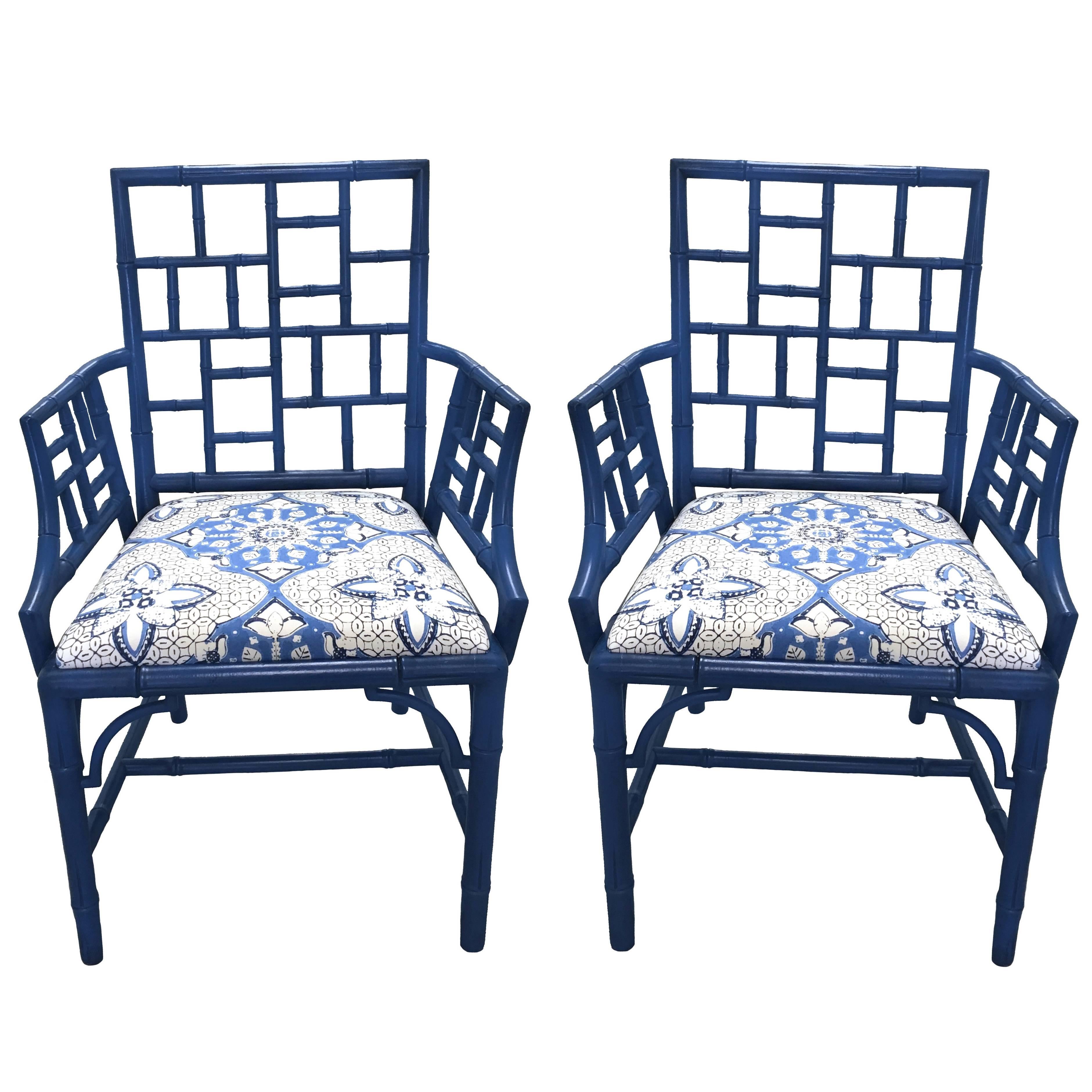 Pair of Blue Chinese Chippendale Style Armchairs