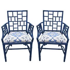 Vintage Pair of Blue Chinese Chippendale Style Armchairs