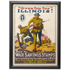 Antique World War I Propaganda Poster, "'Over the Top' Illinois!" War Stamps, circa 1918