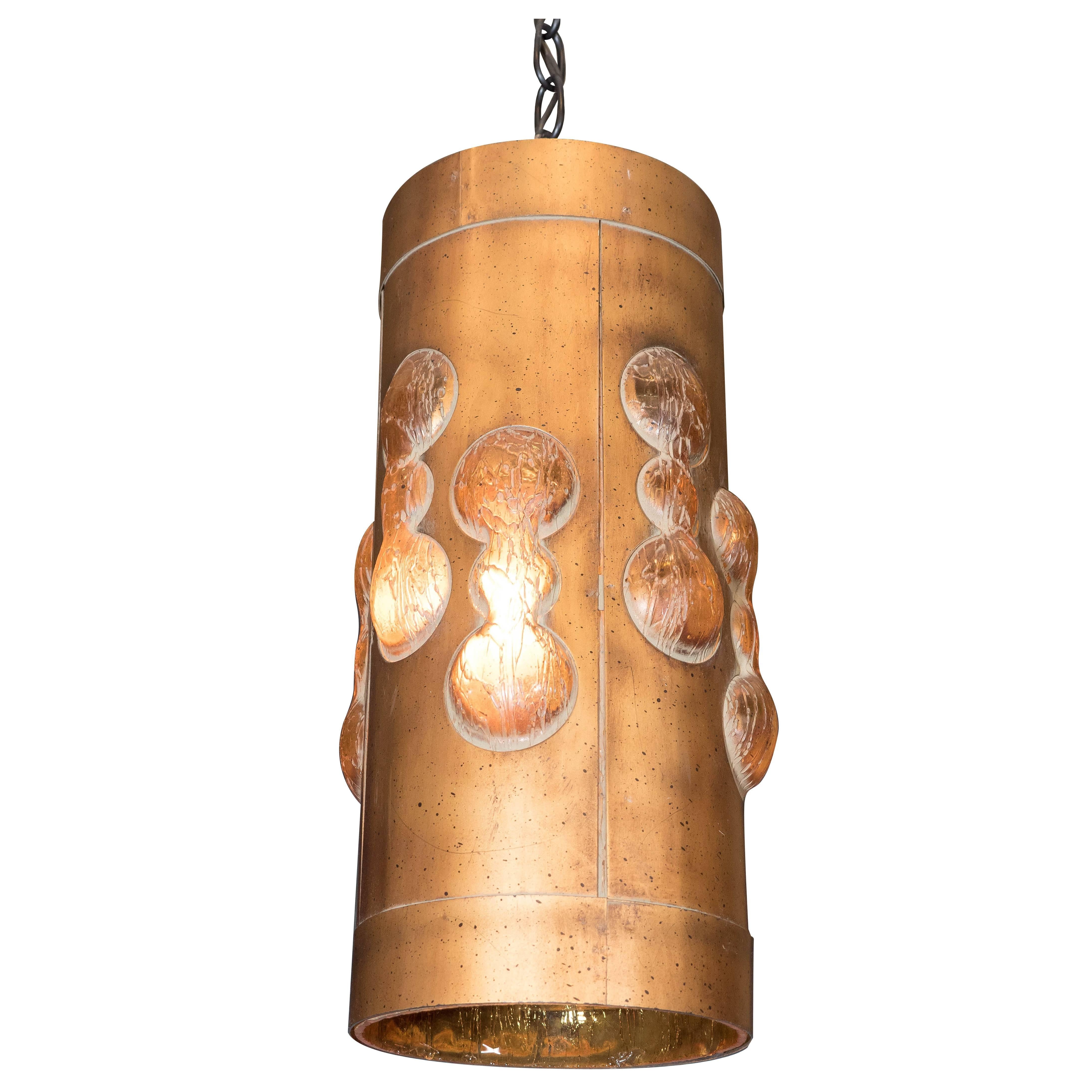 Mid-Century Gilt Metal Cylindrical Pendant Fixture with Amber Colored Resin