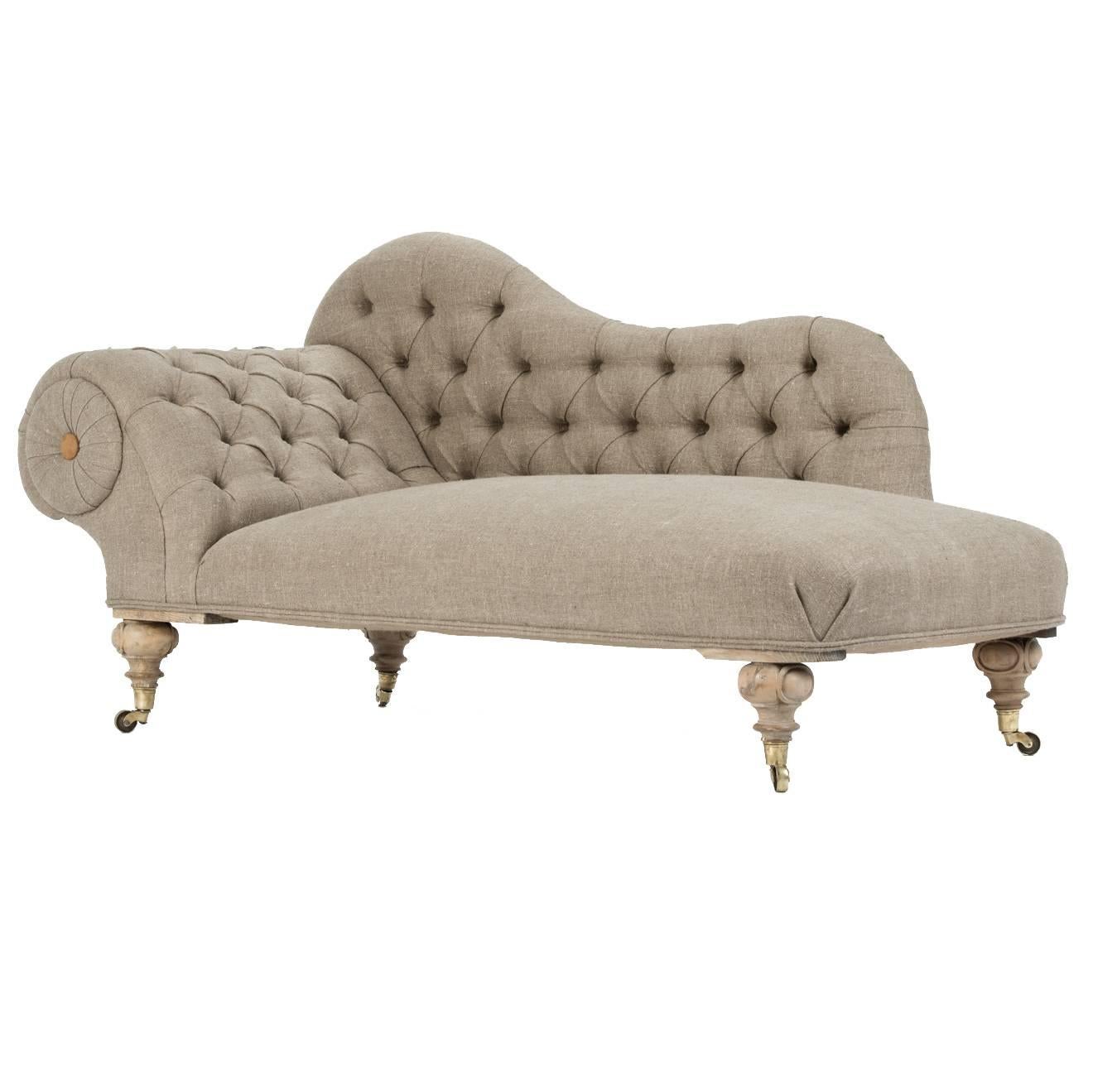Eclectic Late Victorian Scroll Arm Tufted Chaise Longue in Organic Flax Linen. For Sale