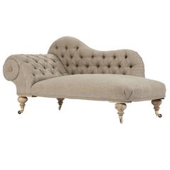 Eclectic Late Victorian Scroll Arm Tufted Chaise Longue in Organic Flax Linen.