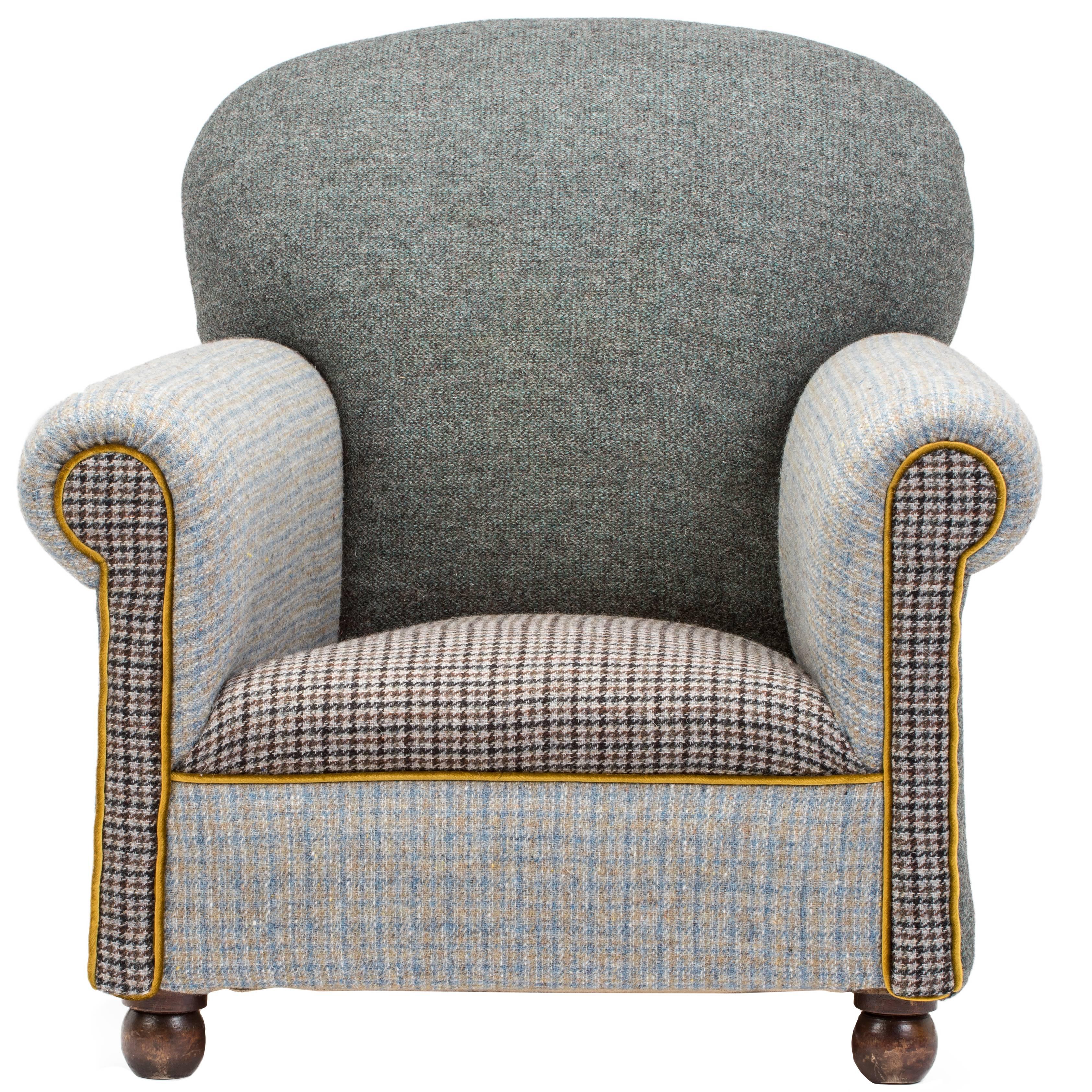 The Eclectic Victorian Club Chair in a Cocktail of Harris Tweed with Cushions For Sale