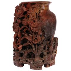 Antique Chinese Carved Red Soapstone Brush Pot