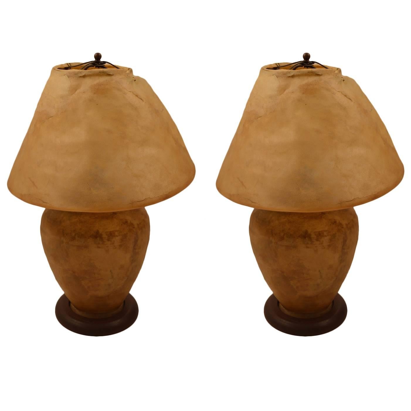 Pair of Deer Hide Arts and Crafts Lamps