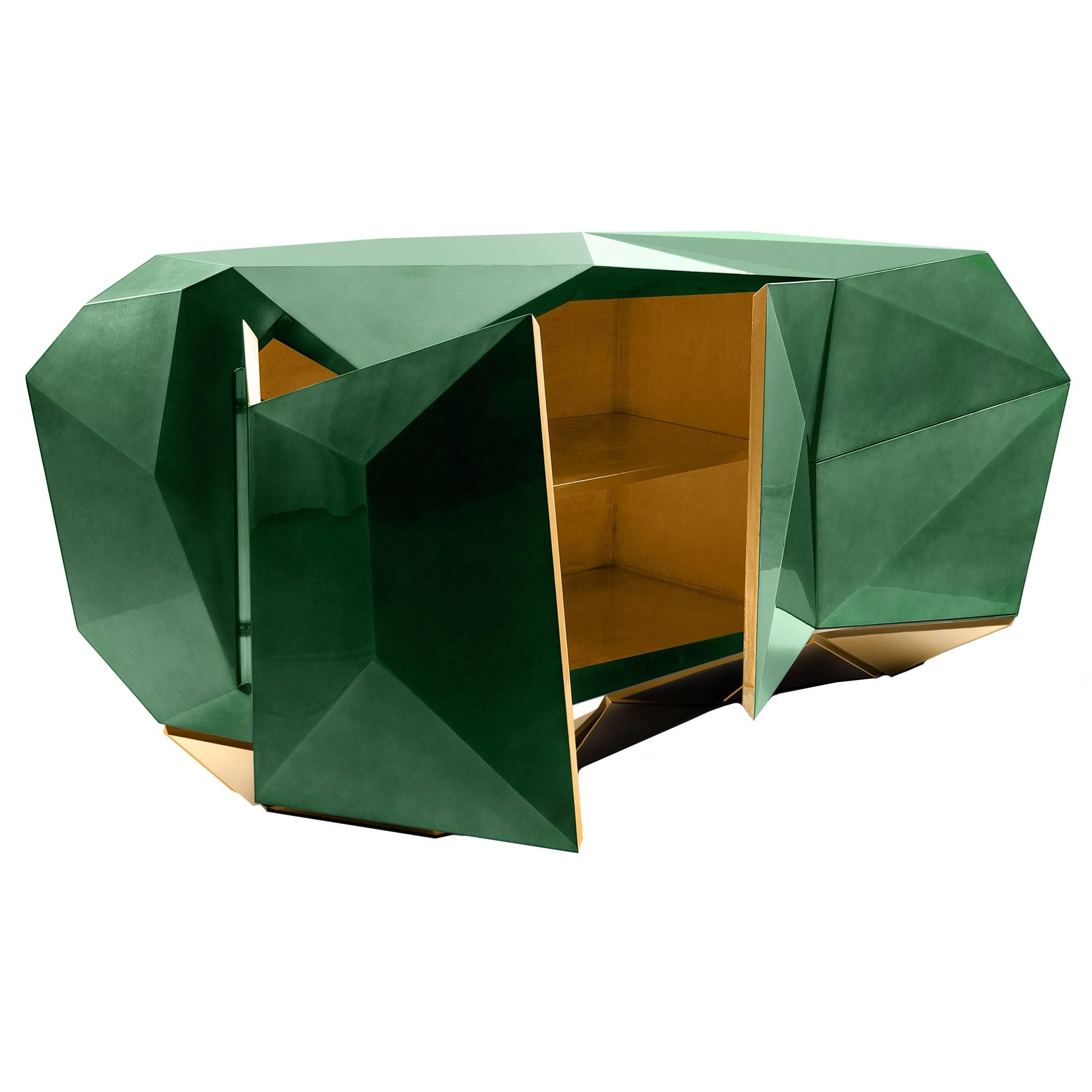 European Boca Do Lobo Diamond Emerald Green and Gold Leaf Sculptural Sideboard For Sale