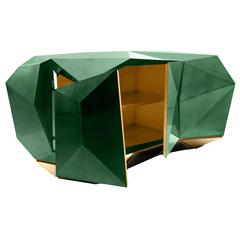 European Boca Do Lobo Diamond Emerald Green and Gold Leaf Sculptural Sideboard