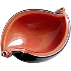 Barbini Murano Black Orange Gold Flecks Italian Art Glass Scroll Shell Bowl