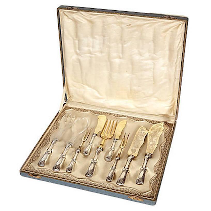 1950s Danish Sterling Silver Fish Set, Nine Pieces For Sale