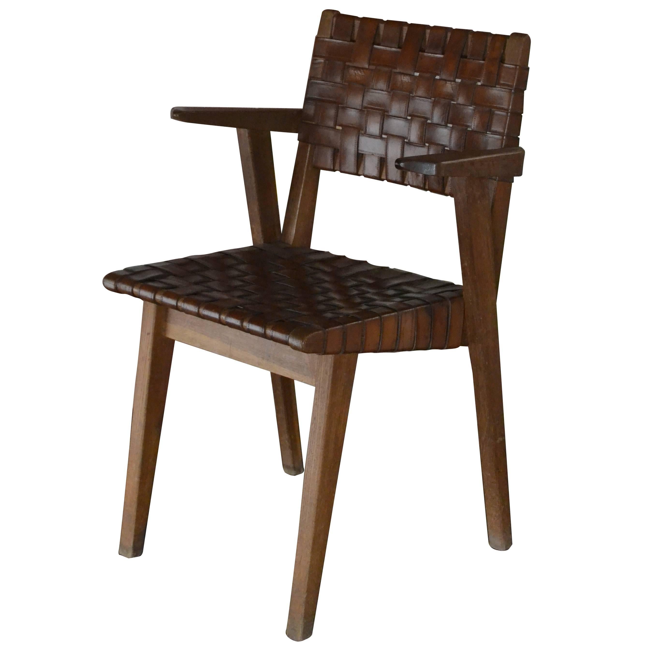 Jens Risom Chair in Oak and Leather For Sale