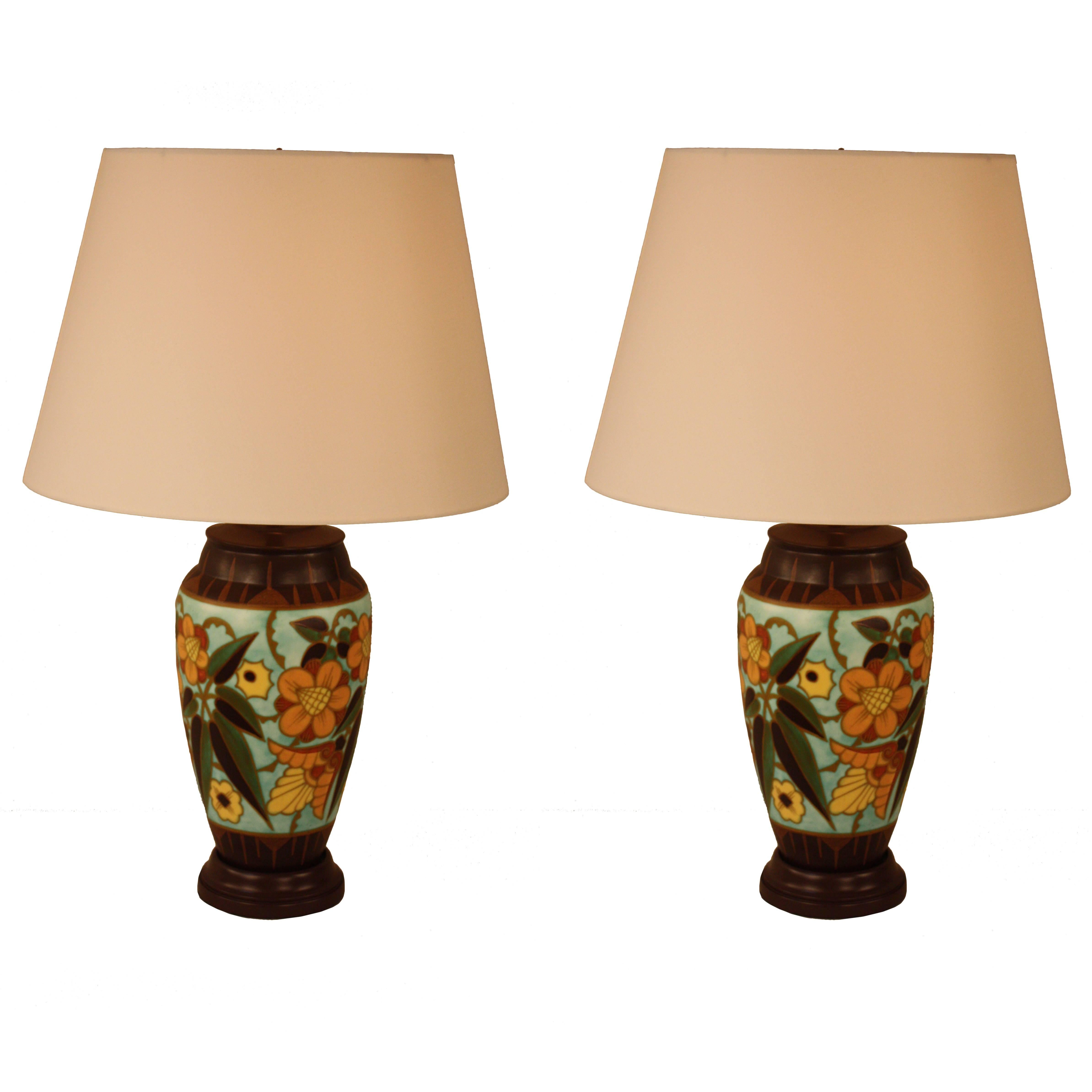 Beautiful Pair of Art Deco Table Lamps by Boch Freres Keramis, Belgium