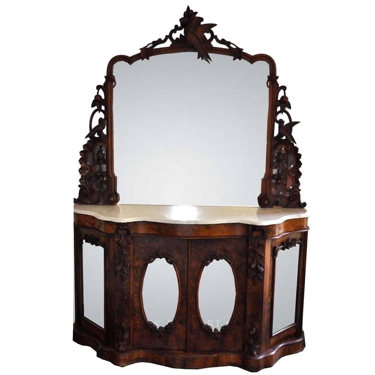 Antique Walnut and Marble Mirror Cabinet or Chiffonier For Sale