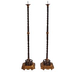 Pair of Italian Floor Standing Wrought Iron Candlesticks, circa 1880