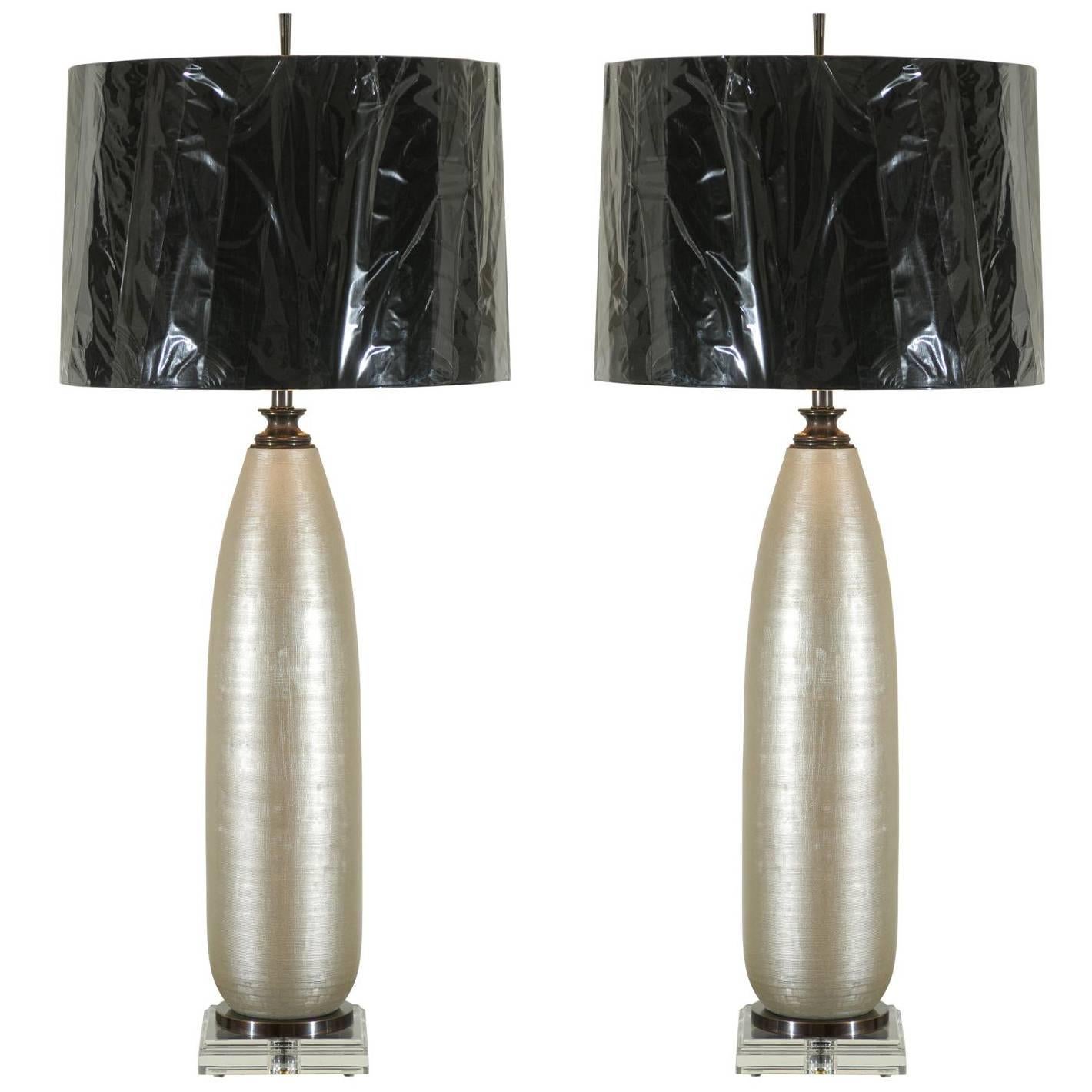 Chic Pair of Alloy Colored Textured Blown Glass Lamps