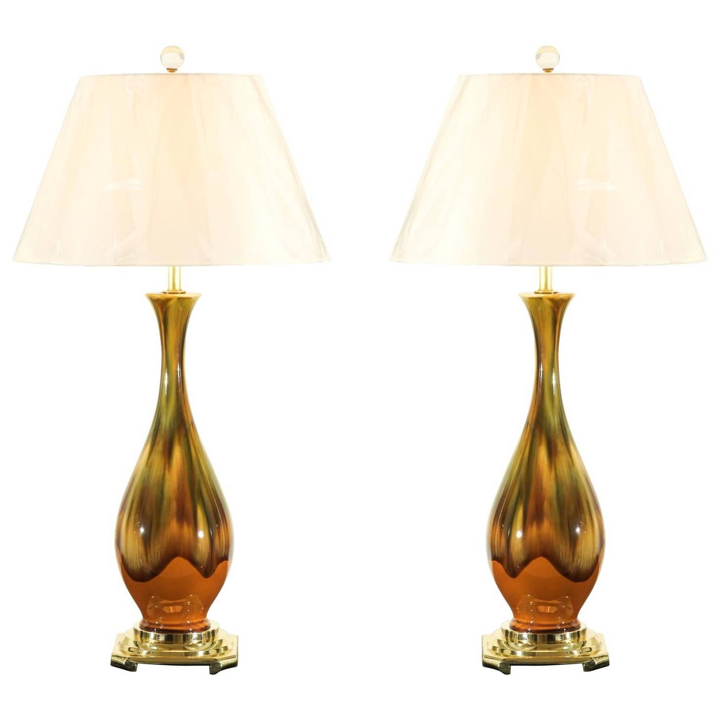 Restored Pair of Vintage Dip Ceramic Lamps in Yellow Ochre, Caramel and Green For Sale