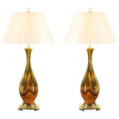 Restored Pair of Vintage Dip Ceramic Lamps in Yellow Ochre, Caramel and Green
