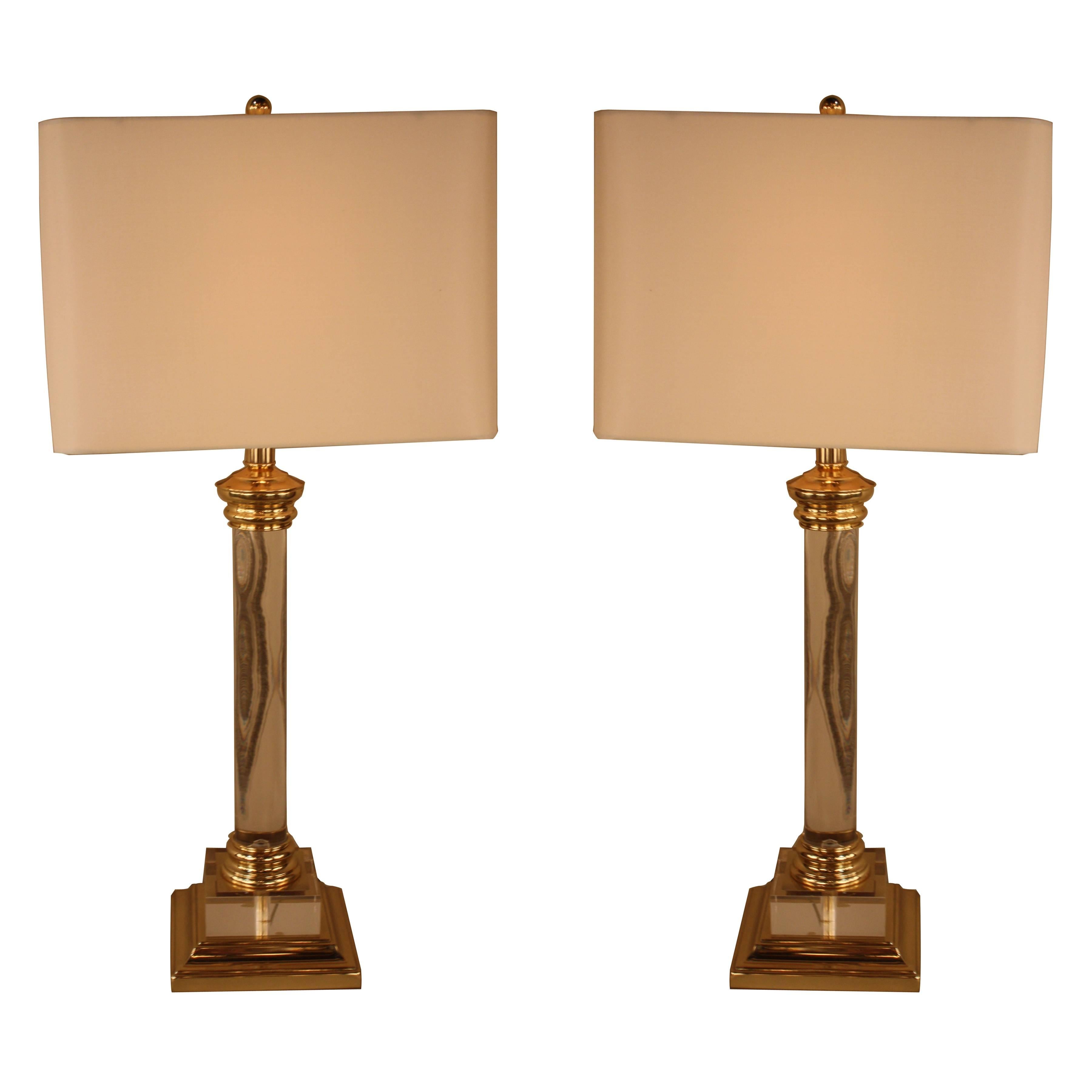 Pair of Clear Lucite and Bronze Table Lamps