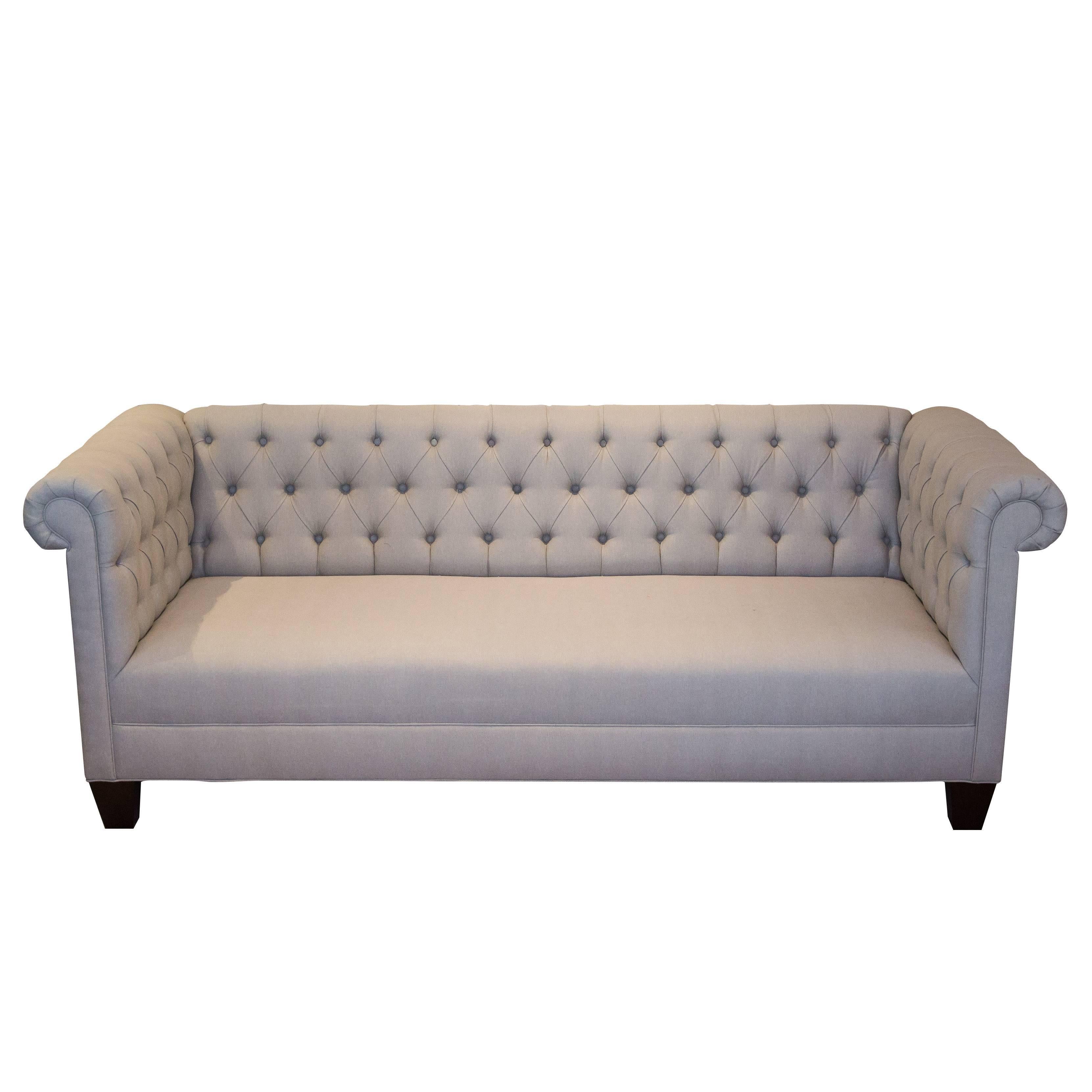 Classic Chesterfield Sofa in Grey Linen