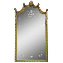 French Louis XV Style Green & Gold Carved Drape Floral Etched Glass Wall Mirror 8