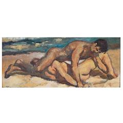 "Wrestlers on the Shore, " Mid-Century Painting with Male Nudes, 1964
