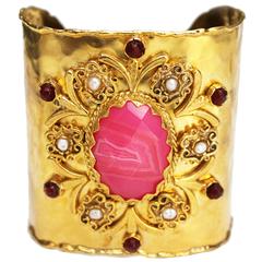 Unique Gold-Plated Cuff with Central Pink Stone 