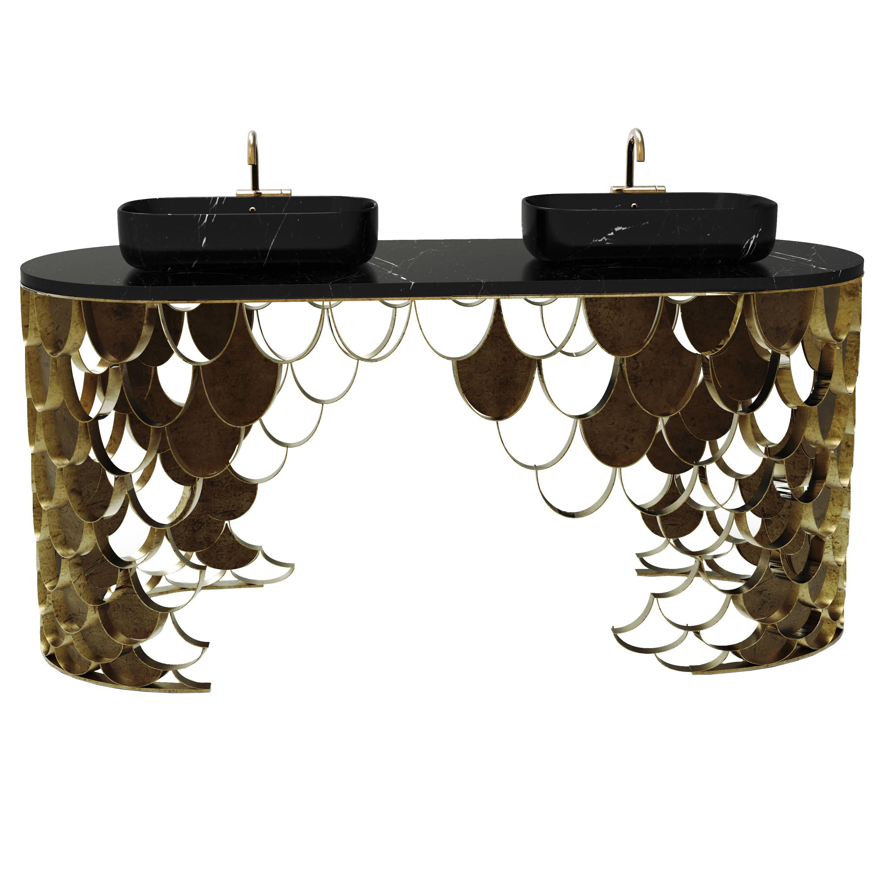 Koi Brass and Black Marble Double Washbasin by Maison Valentina from Europe For Sale