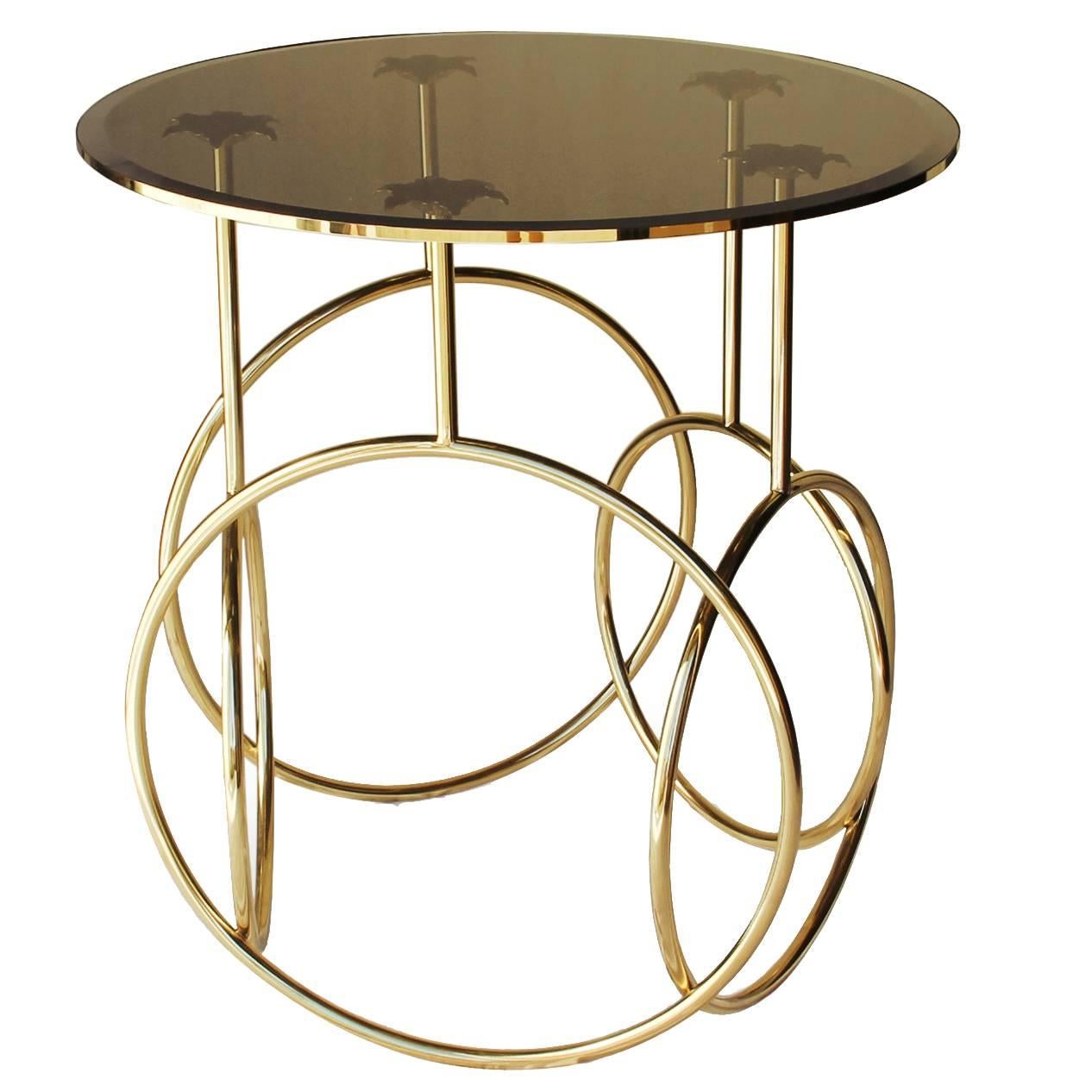 European modern Polished Brass and Glass rings Round Side Table by Koket For Sale