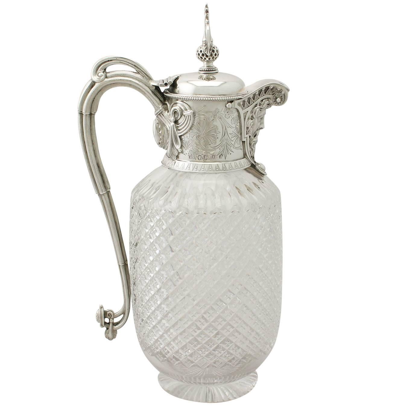 Cut-Glass and Sterling Silver-Mounted Claret Jug, Antique Victorian