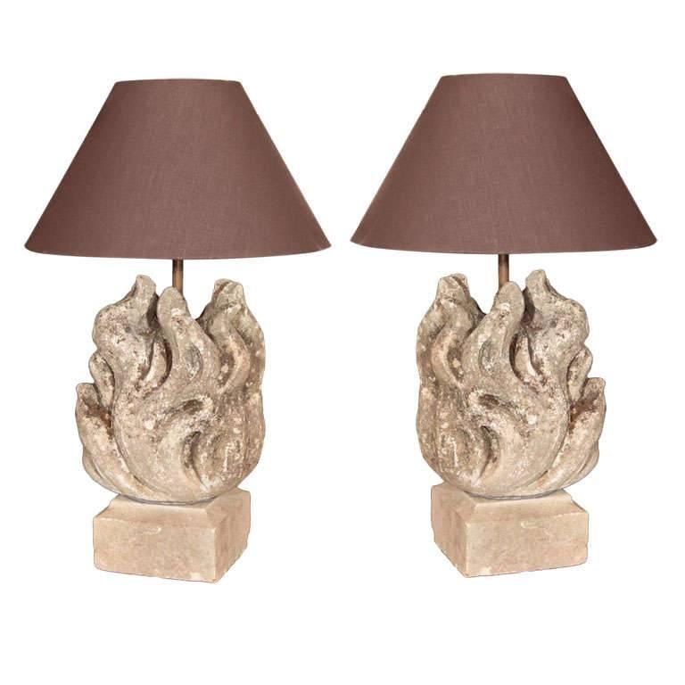 Pair of Carved Stone Flame Finials as Table Lamps
