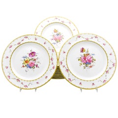 Antique Set of 12 Royal Crown Derby Hand-Painted Dinner Plates with Floral Bouquets