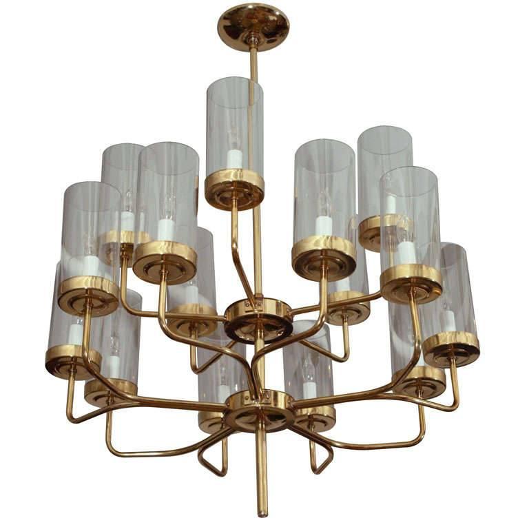 Brass and Glass Two-Tier Chandelier For Sale