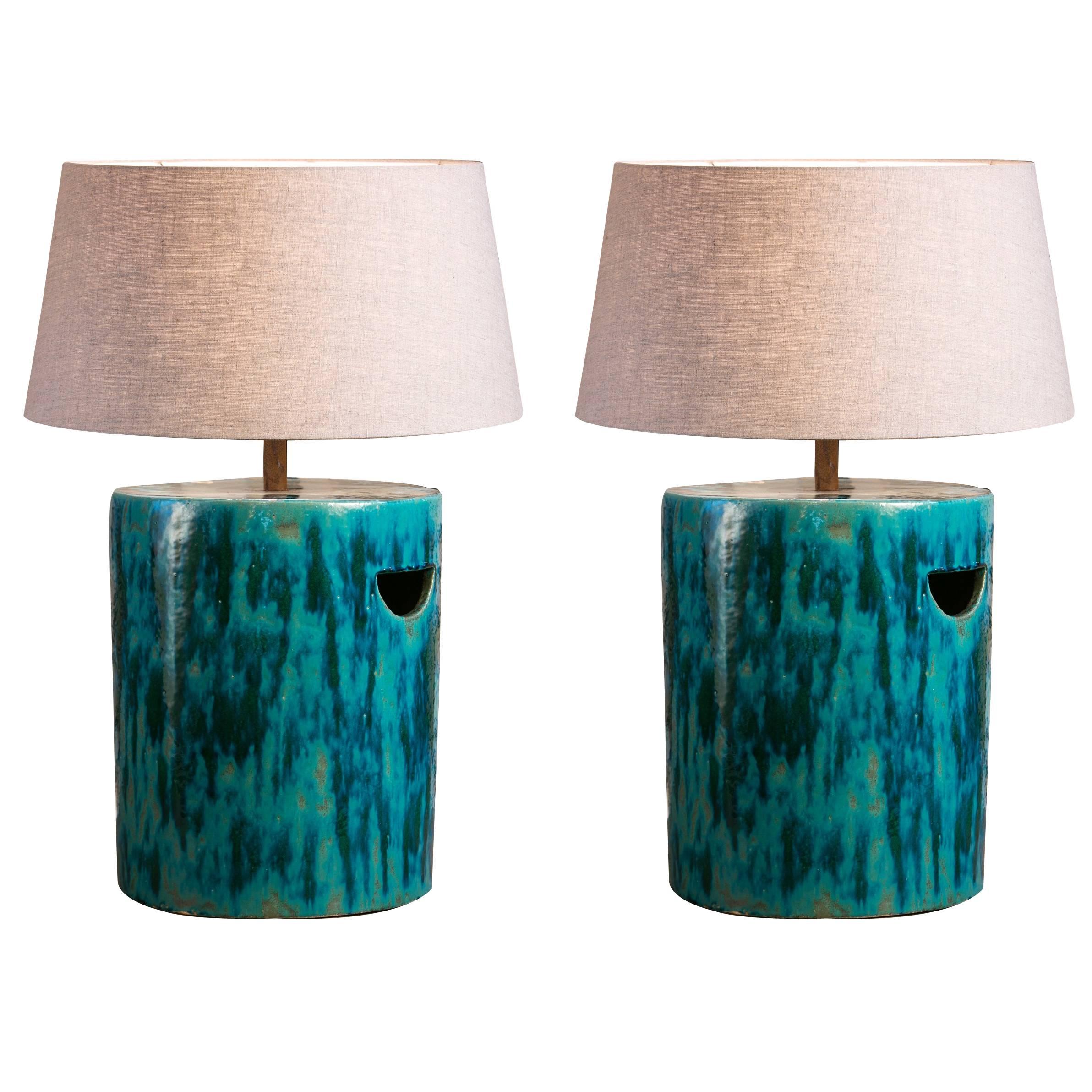 Pair of Large Glazed Ceramic Lamps with Belgian Linen Shades