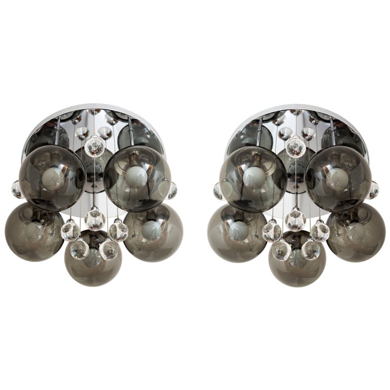 Pair of Smoke and Clear Glass 'Bubbles' Chrome Flush Mount Chandelier