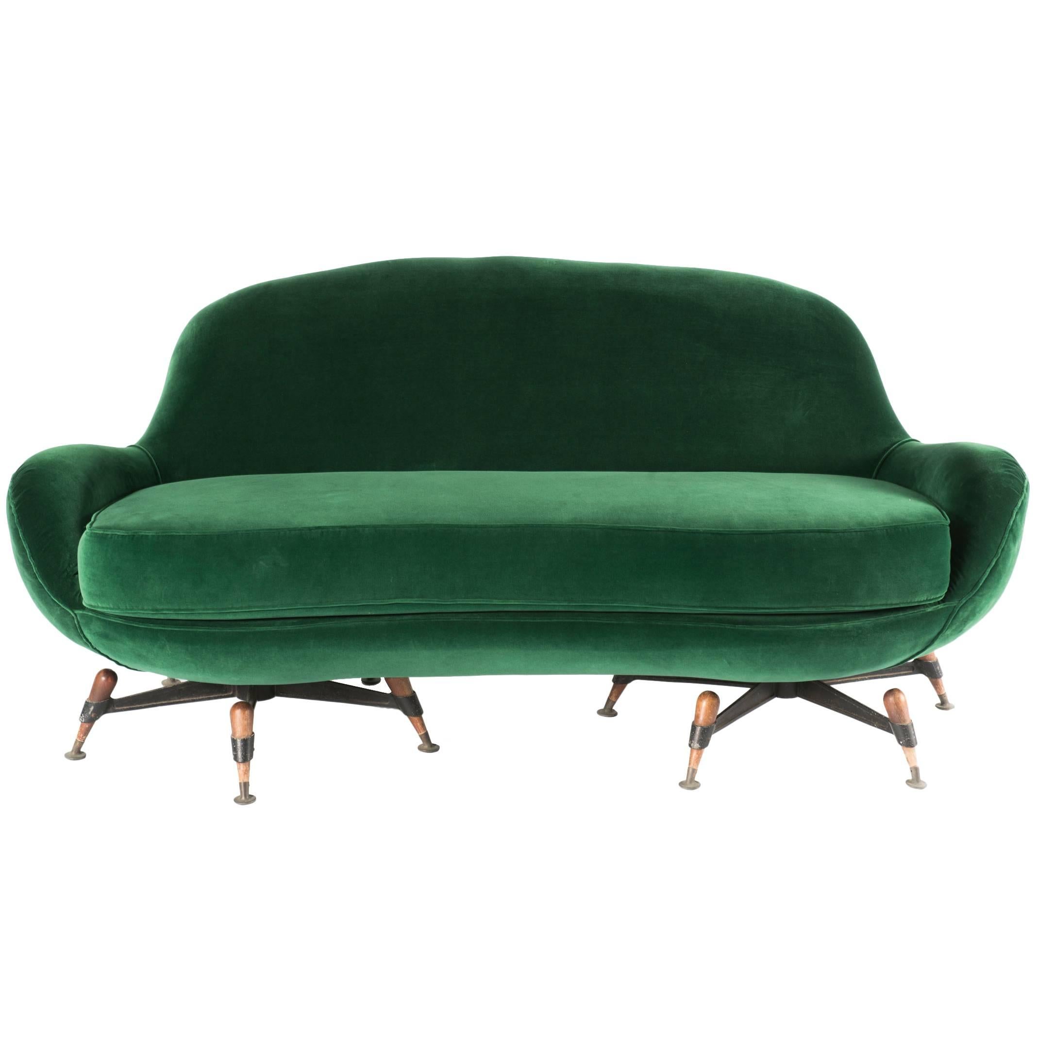 Smooth green sofa, marked IPE; particular feet in beechwood; Bologna, Italy 1963 For Sale