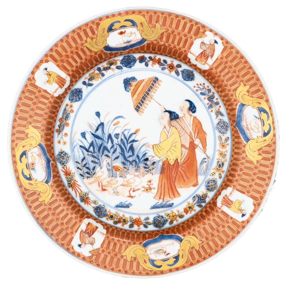 Chinese Porcelain Soup Plate ‘La Dame Au Parasol’ in Imari Palette, 19th Century For Sale