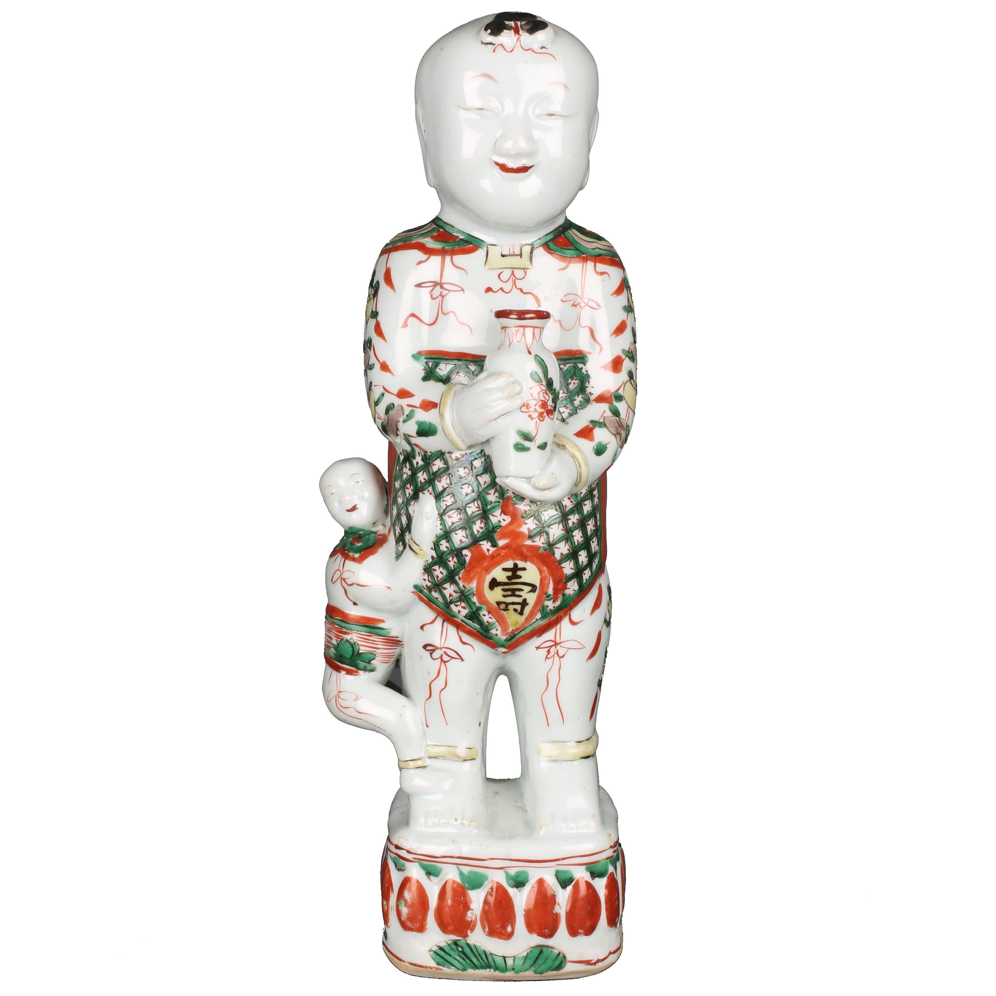 Chinese Porcelain Famille Verte Large Standing Boy, Early Qing, 17th Century For Sale