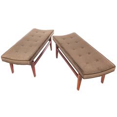 Jens Risom Pair of 1960s Cantilevered Walnut and Mohair Benches