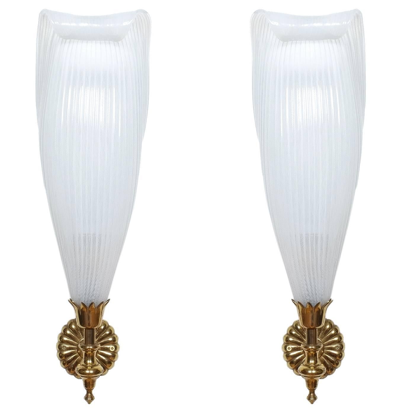 Neo Empire Petal Glass Brass Sconces, France Mid Century For Sale