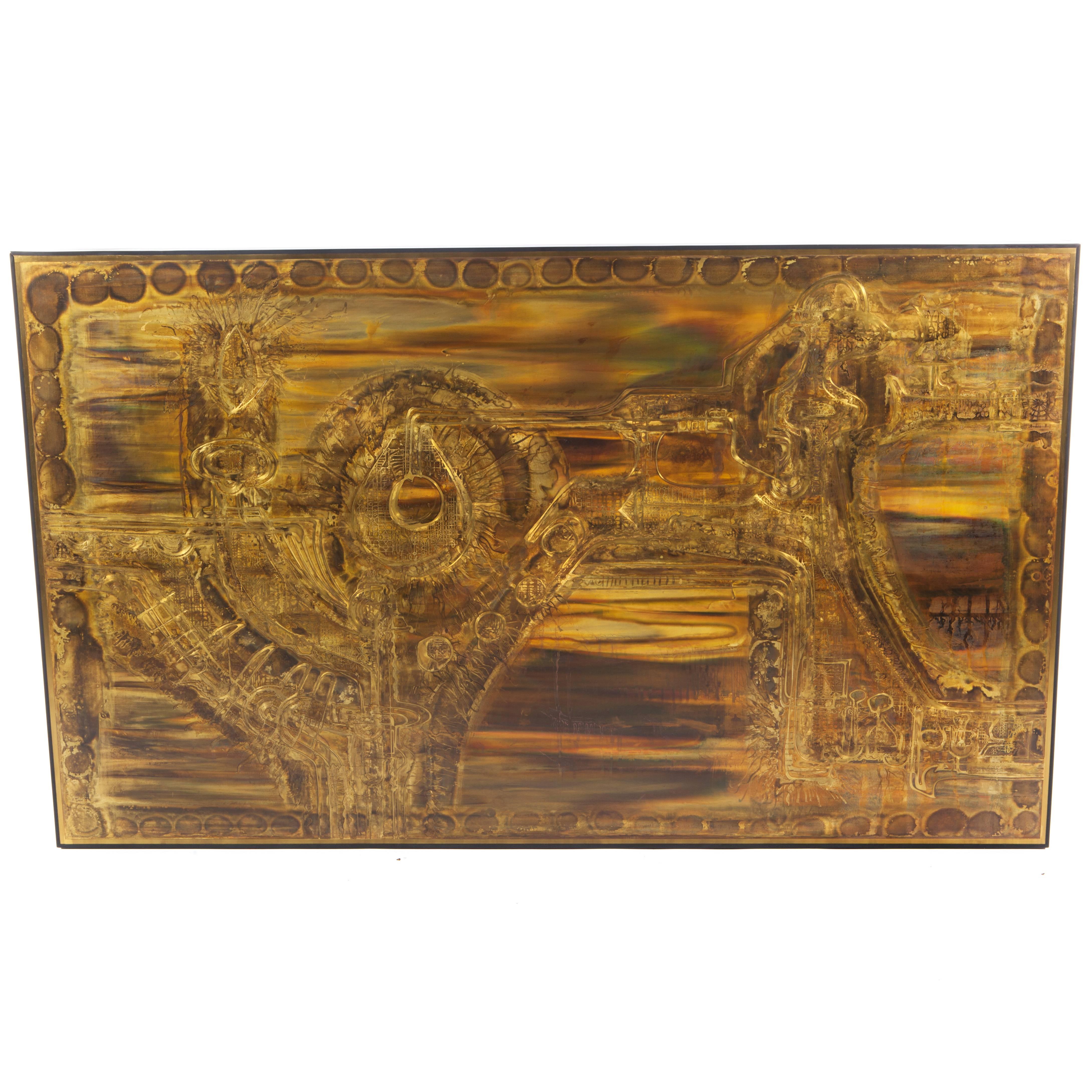Large Acid-Etched and Oxidized Brass Panel by Bernhard Rohne, 1970s For Sale