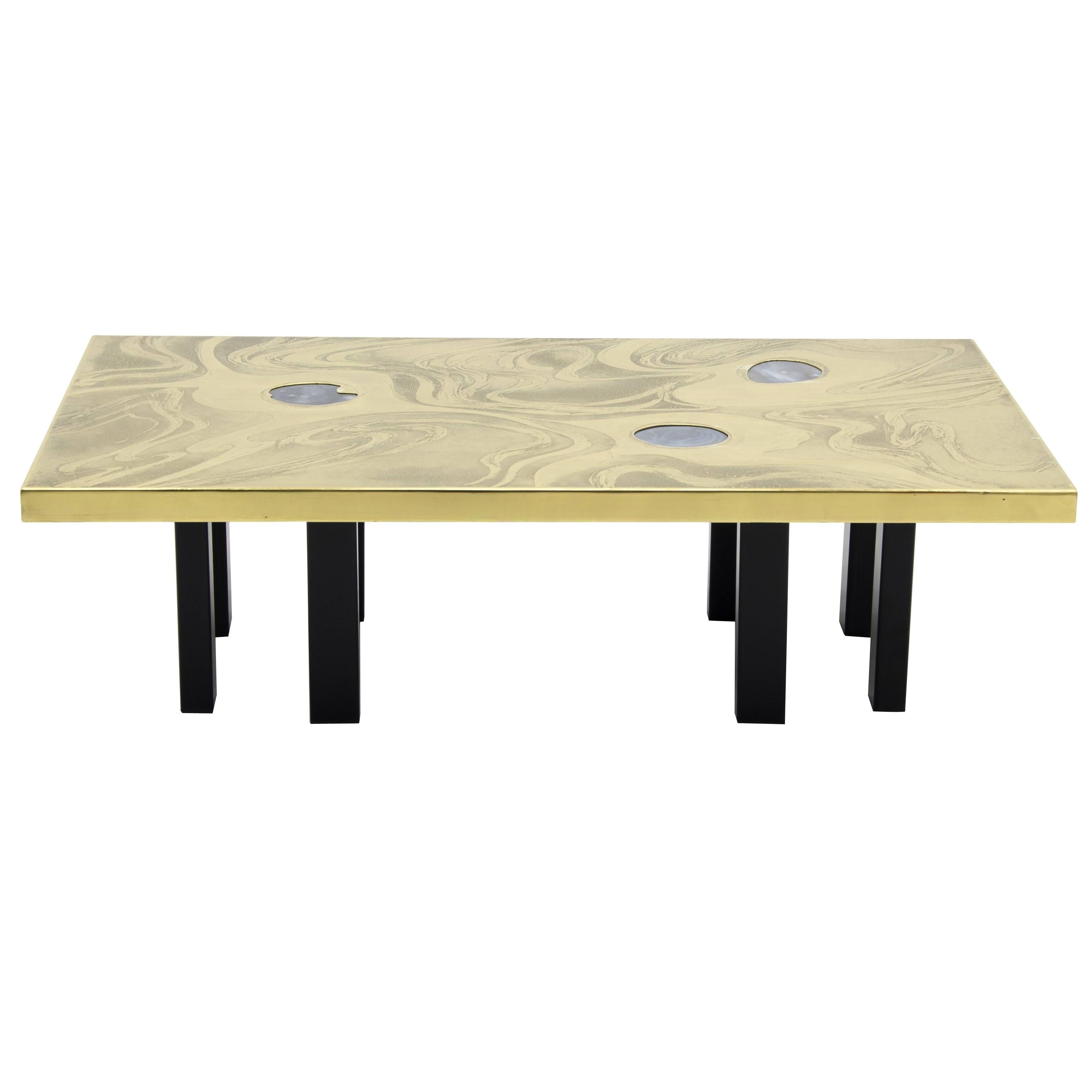 Etched Brass Coffee Table with Three Blue Agates For Sale