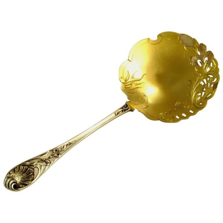 Gabert Fabulous French All Sterling Silver 18k Gold Strawberry Spoon, Iris For Sale