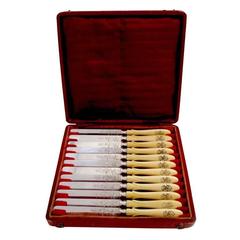 Antique French Sterling Silver Knife Set 12 pc, Blades engraved with vines, box 1