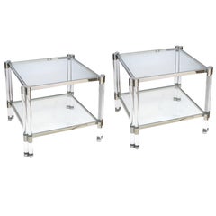 Smart Pair of French Nickel, Lucite & Glass Side Tables, Style of Pierre Vandel