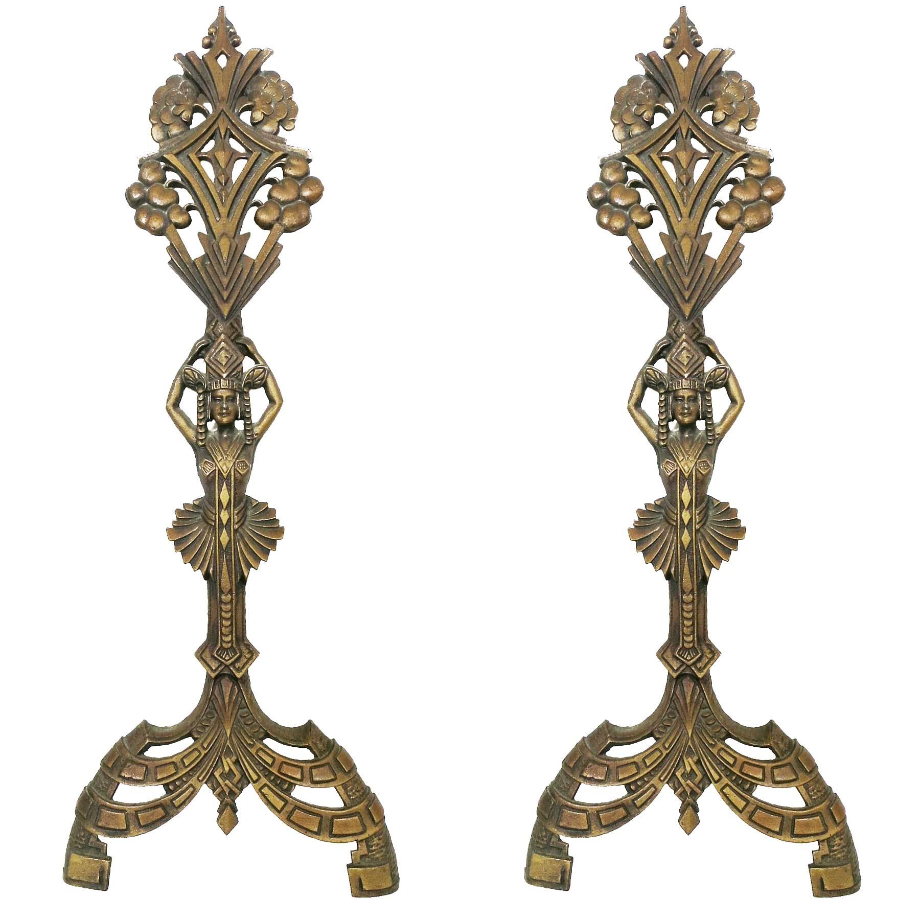 Egyptian Revival Art Deco Fireplace Andirons by Universal Electric Log Co