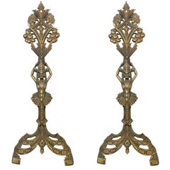 Egyptian Revival Art Deco Fireplace Andirons by Universal Electric Log Co