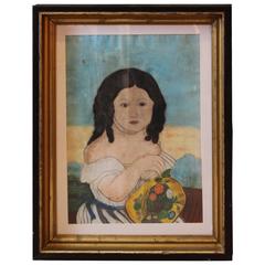 Early 20th Century Pastel or Gouache L Folk Art Portrait of a Girl Americana 1