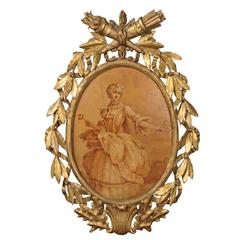 French 19th Century Small Size Oval Sepia Painting in Giltwood Carved Frame